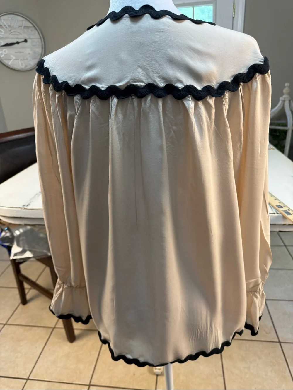 Cato tan Blouse with Black Wavy Trim Size Medium